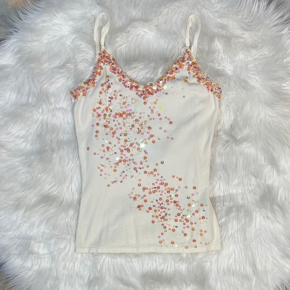 EUC. Sequined Cami Sweater [YUKA] Hand Stitched + Beaded Cream Y2K Tank | Small